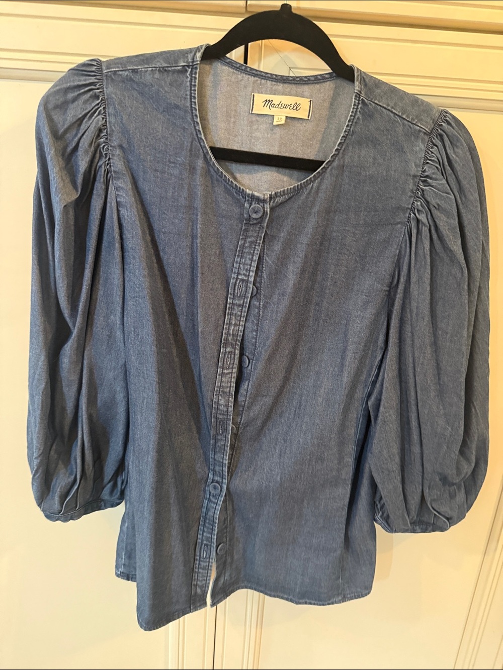 Madewell Light Blue Denim Button-Front Puff Sleeve Shirt